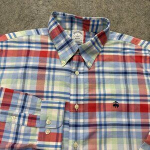 Brooks Brothers Oxford Shirt Men L Blue Red Green Plaid Regent Fit 48" OCBD